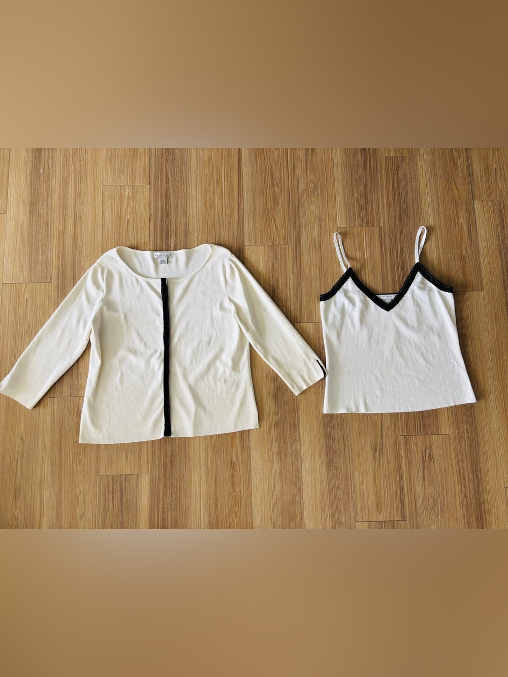 VTG While House Black Market Cardigan Tank Set Ivory Black Lace Womens L Classic